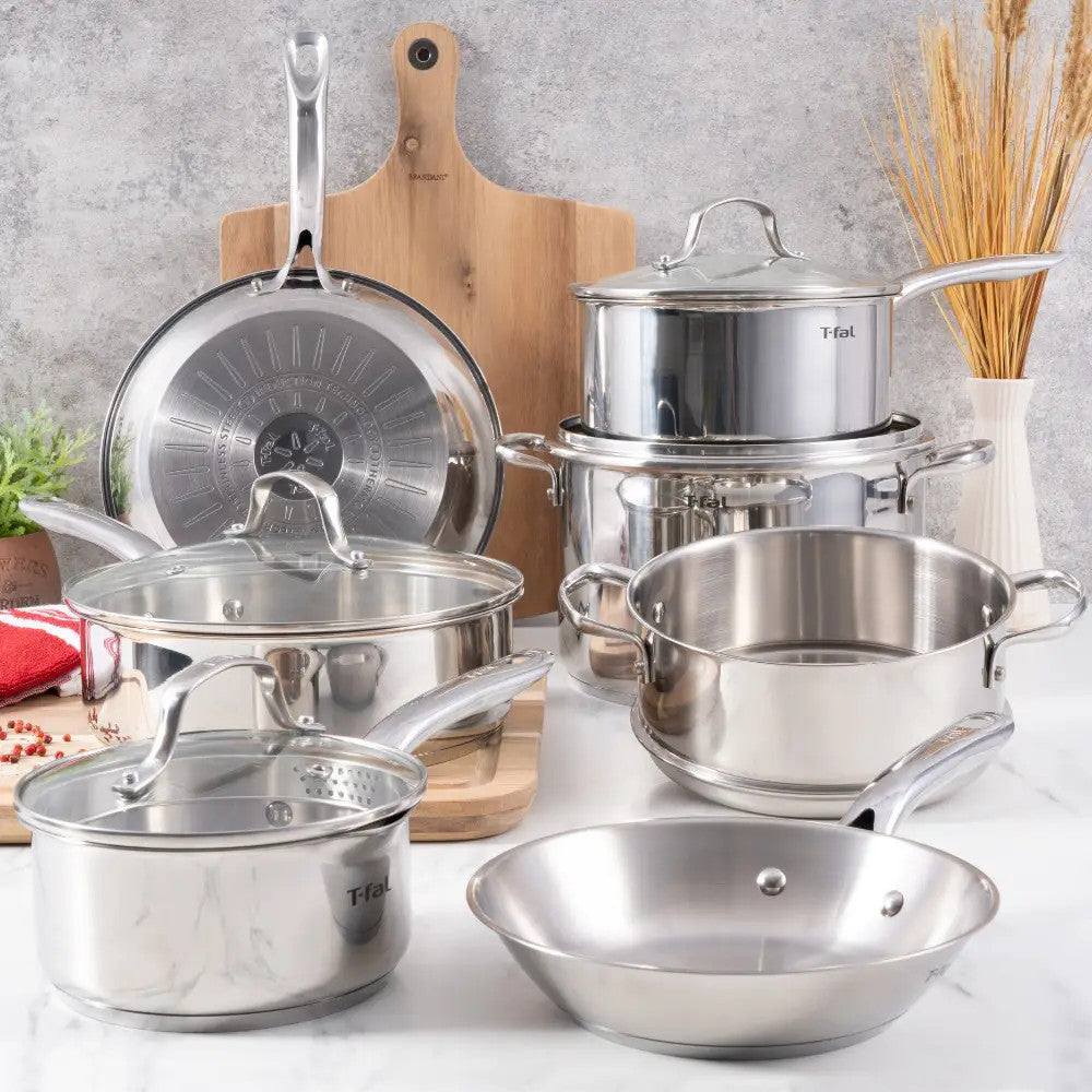 T-FAL 2100140681 Gourmet Stainless Steel 11 PC Pots and Pans Cookware Set