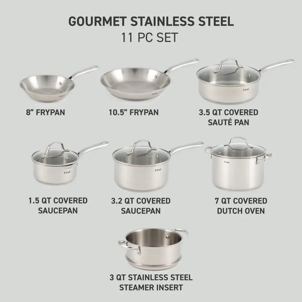 T-FAL 2100140681 Gourmet Stainless Steel 11 PC Pots and Pans Cookware Set