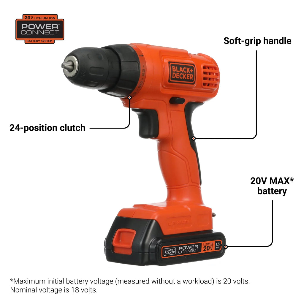 Perceuse-visseuse sans fil BLACK+DECKER BDC120VA 20V MAX* POWERCONNECT avec kit de 100 pièces