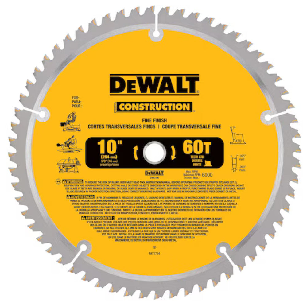 DEWALT DW3106 10 in. 60T Construction Miter/Table Saw Blade