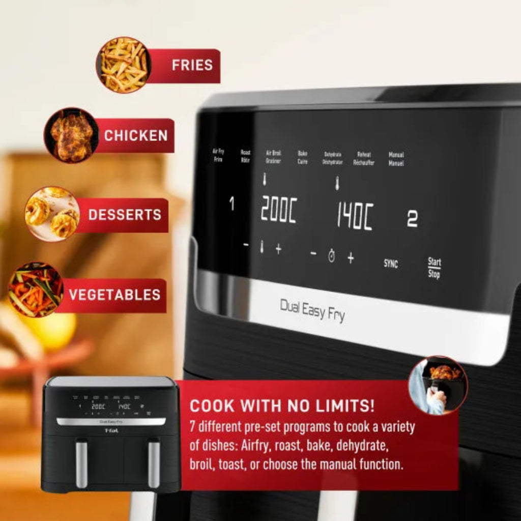 Friteuse à air chaud et grill T-FAL EY901850 Dual Easy Fry - Emballage légèrement abîmé avec garantie complète 