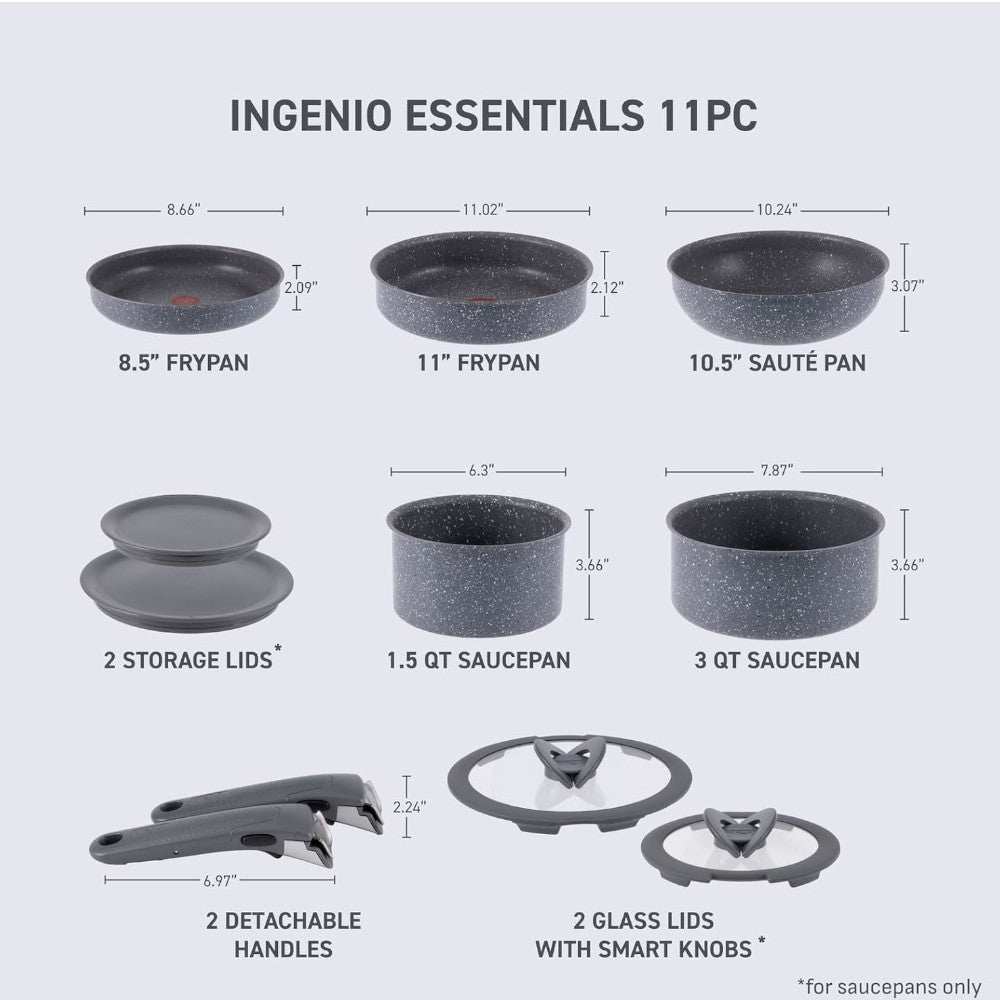 Batterie de cuisine antiadhésive T-FAL L824SB64 Ingenio Essential, 11 pièces - Granite