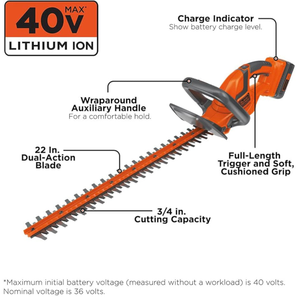 Taille-haie BLACK+DECKER LHT2240C 40 V MAX, lames double action, capacité de coupe de 3/4 po