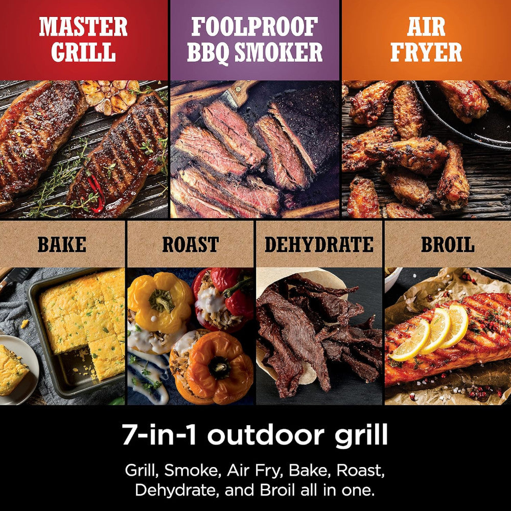 Barbecue à bois NINJA OG701, grill multifonction 7 en 1, fumoir inclus - Garantie Home Essentials, révisée en usine