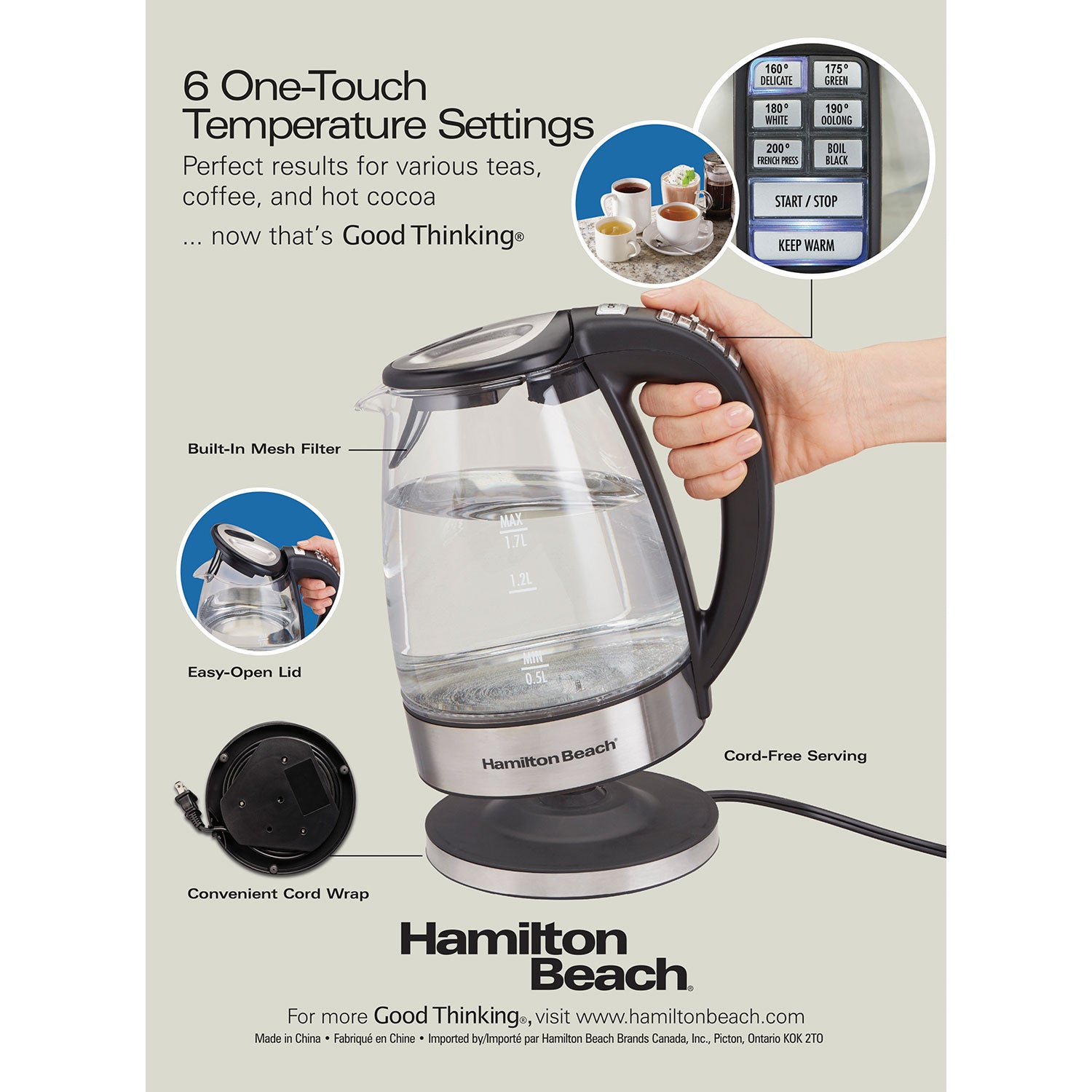 HAMILTON BEACH Bouilloire électrique sans fil en verre avec 6 réglages de température réglables programmables - 40941C