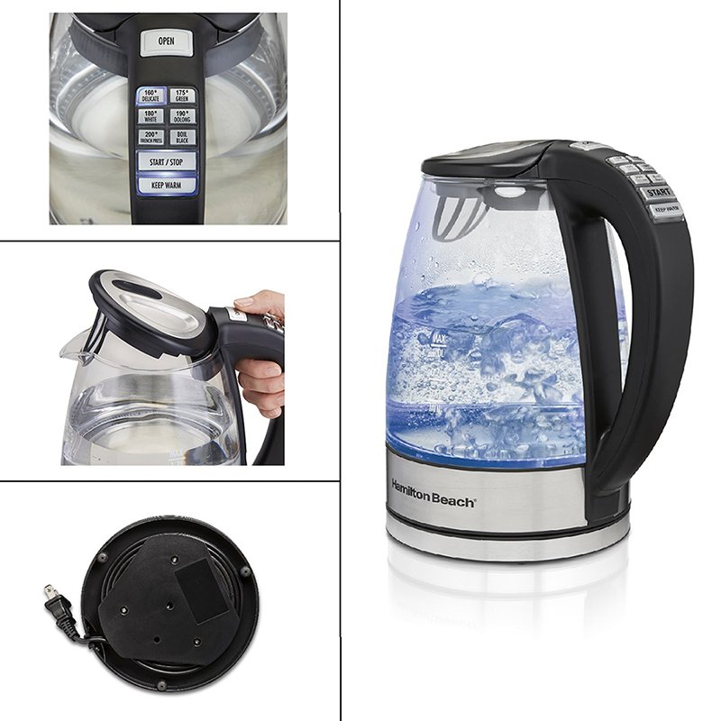 HAMILTON BEACH Bouilloire électrique sans fil en verre avec 6 réglages de température réglables programmables - 40941C