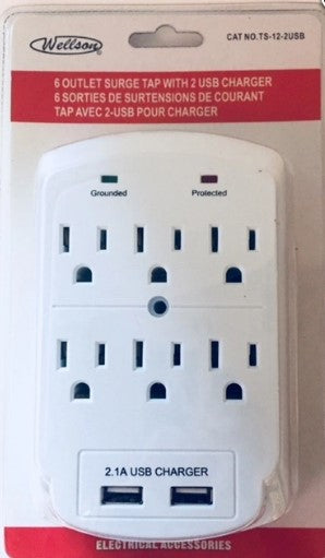 WELLSON 6 Outlet + 2 USB Wall Plug - TS-12