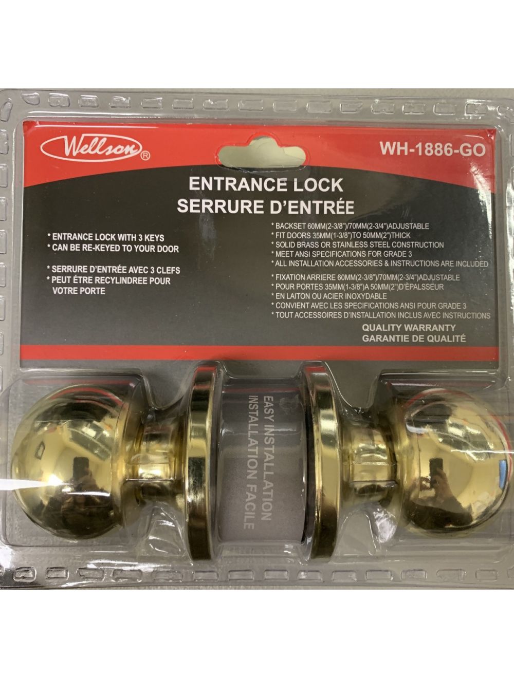 WELLSON Entrance Lock with Button and 3 Keys (Gold) - WH-1886-GO